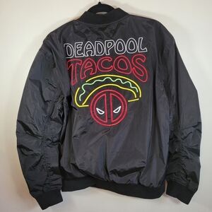 Marvel Deadpool Tacos Jacket Large Black Bomber Rare Graphic Deadpool